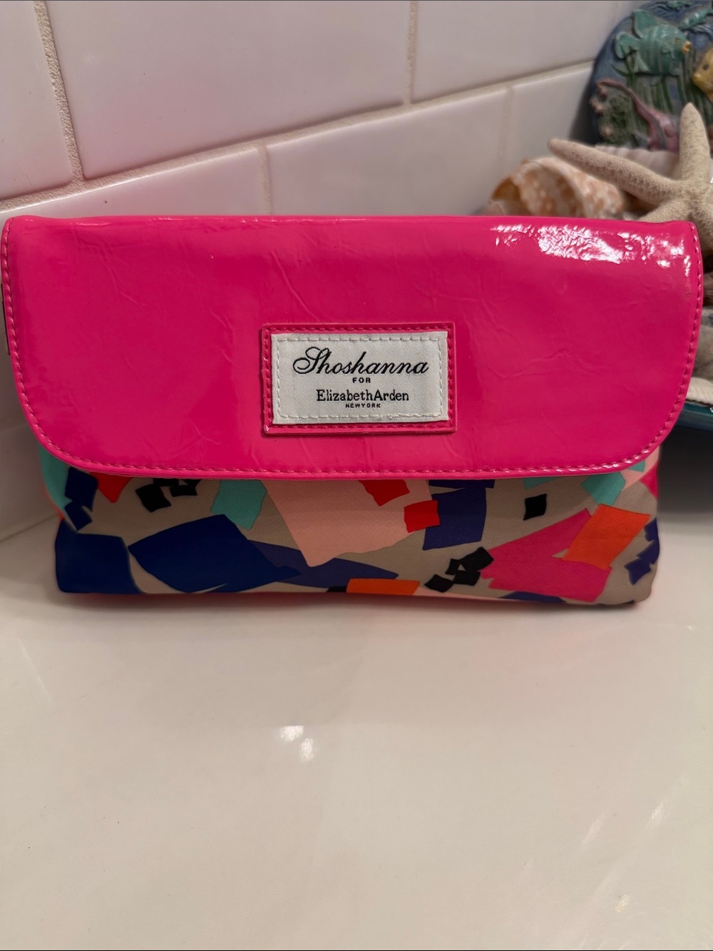 Elizabeth Arden Pink Patent Cosmetic Clutch with Multicolor Abstract Print